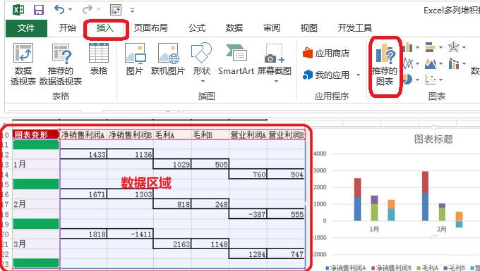 Excel表格中数据做成多列堆积柱形图的操作方法截图