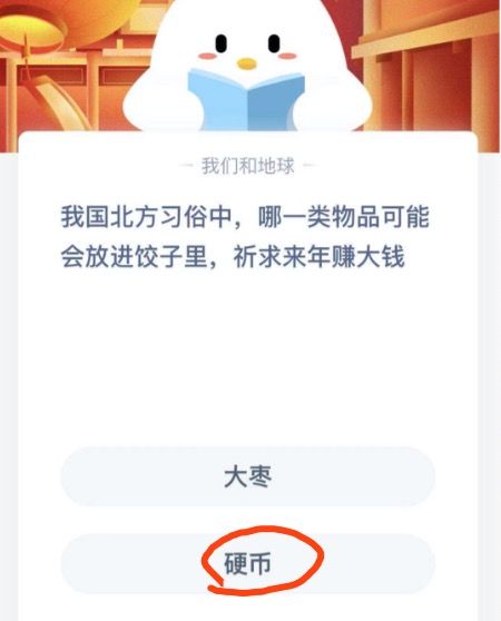 我国北方习俗中，哪一类物品可能会放进饺子里，祈求来年赚大钱。